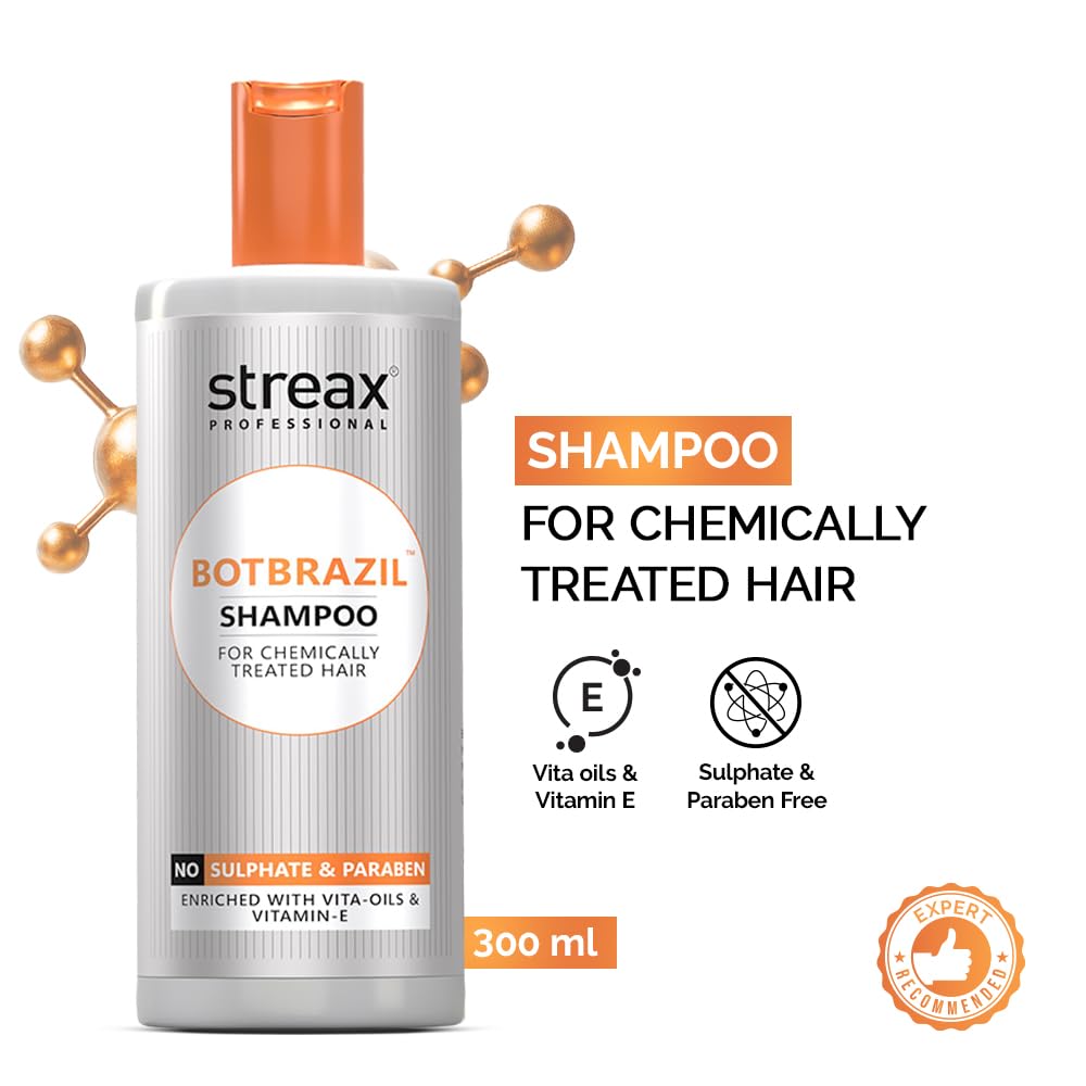Streax Professional BotBrazil Shampoo,300 ml for Keratin, Nanoplasty, & Smoothening, Sulphate & Paraben-Free Shampoo for Women & Men, Enriched with Vita Oils No
