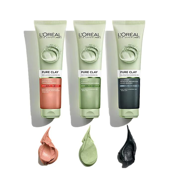 L’Oreal Paris Pure Clay Green Face Cleanser with Eucalyptus Extract 150ml Purifying Mattifying Gel Wash for Oily Skin Removes Impurities Excess Oil and Shine De