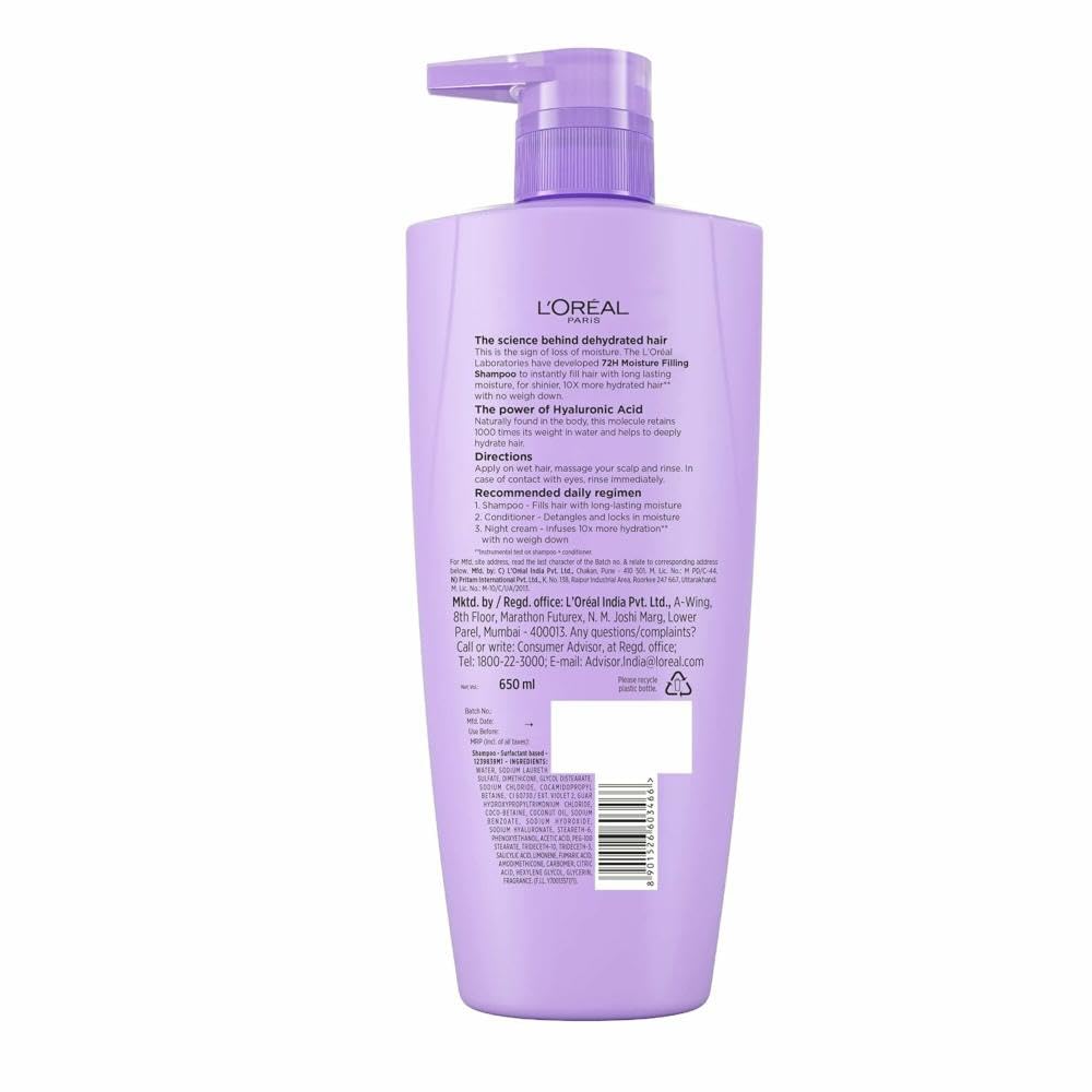 L'Oreal Paris L Oral Moisture Filling Shampoo, With Hyaluronic Acid, For Dry & Dehydrated Hair, Adds Shine Bounce, Hyaluron 72H, 650Ml. | 650Ml 650 ml (Pack of