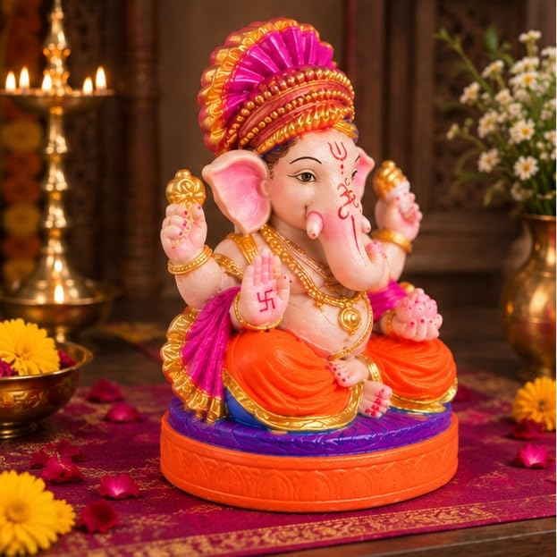 Royal Mukut Lord Ganesha Idol – (6 Inch/Colored)