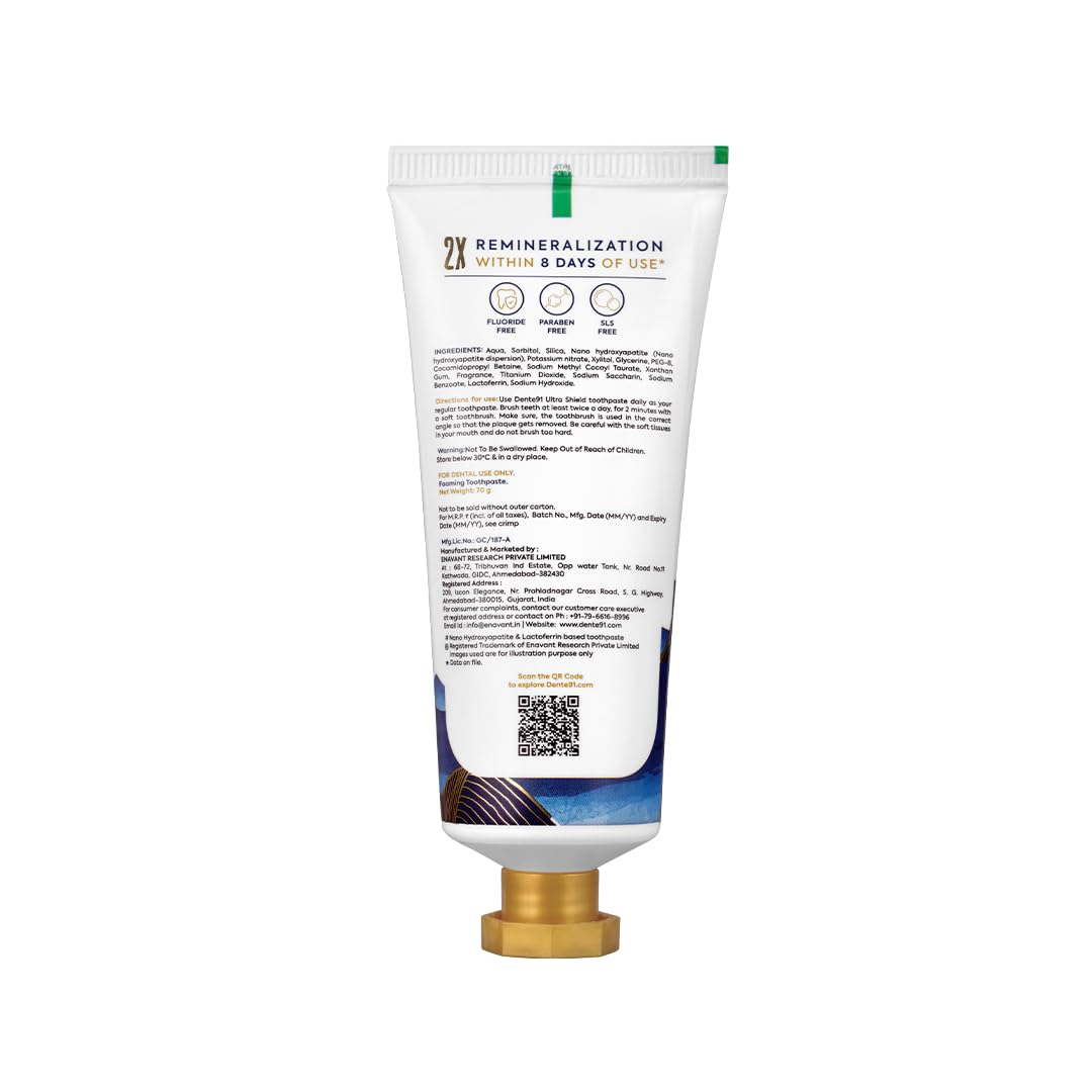 Dente91 Ultra Shield Toothpaste | Nano Hydroxyapatite Toothpaste | Anti Cavity with 2X Remineralization | Sensitive Teeth Care | Pack of 1, 70g