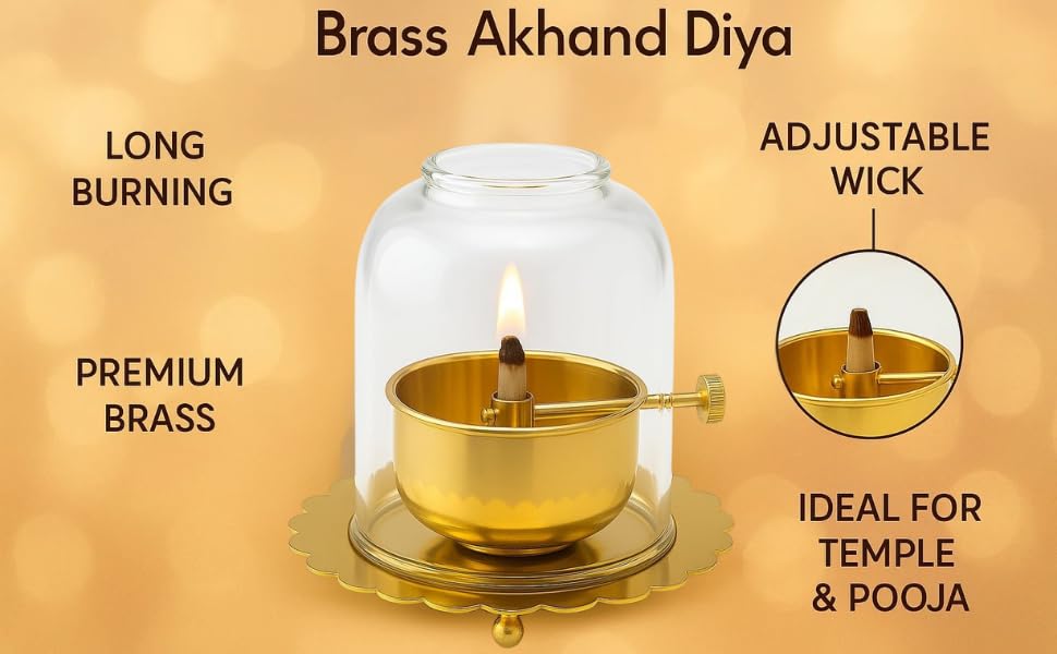 Brass Akhand Diya with Glass Chimney, 7.6 Cm, Adjustable Wick, Small Size Lamp for Pooja and Temple|akhand Diya with Adjustable bati