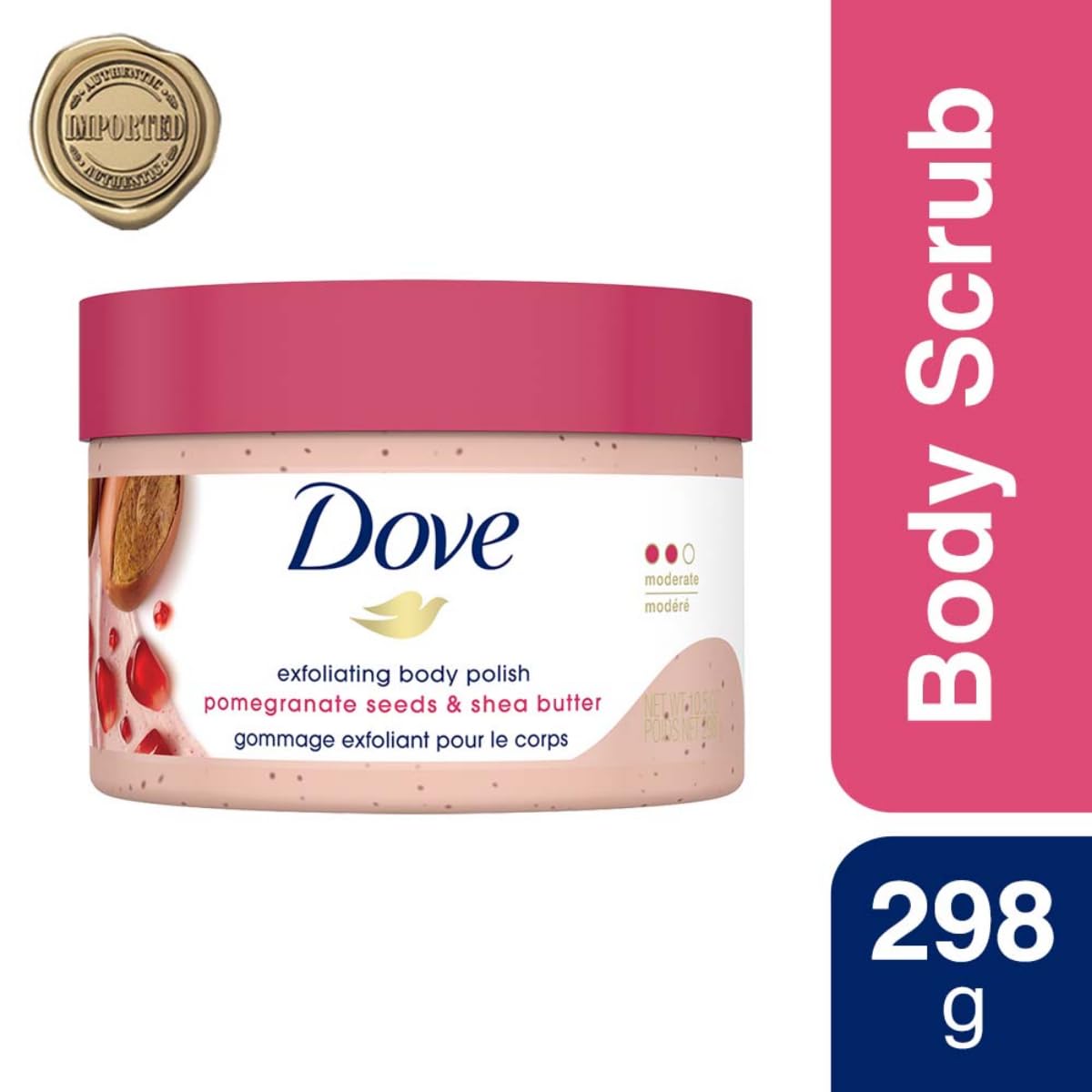 Dove Body Polish Exfoliating Scrub, Moisturizing Shea Butter and Pomegranate Seeds | Nourishes & Conditions Soft Skin | Sulphate Free, 298gm. 298 g (Pack of 1)