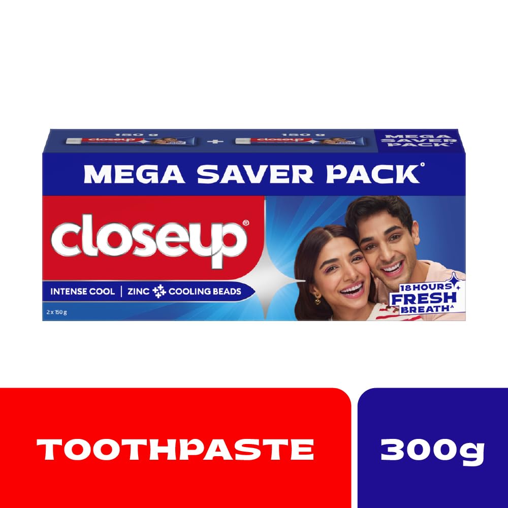 Close Up Intense Cool Blue Gel Toothpaste with Cooling Beads | Intense Cooling | 18 Hours of Fresh Breath, 300g (150g x 2)