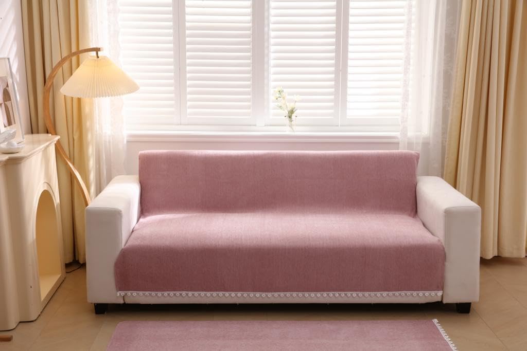 HOMETHREADS Chenille Fabric Sofa Cover, Luxury Soft Slipcover for Couch, Armchair & Loveseat, Thick Textured,Washable & Durable Sofa Cover (Peach, 3 Seater Smal