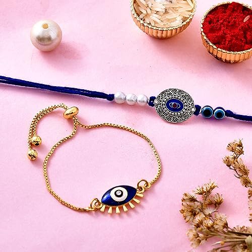 CraftVatika Bhaiya Bhabhi Evil Eye Rakhi Magnet Combo Set for Brother Designer Rakhi for Unisex Adult Rakshabandhan Bracelet Evil Eye Hand Set with Gift C1- Evi
