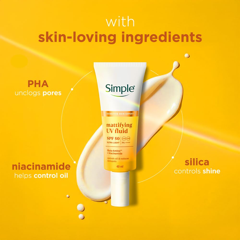 Simple Mattifying UV Fluid |SPF 50 PA++++ | With Niacinamide & GlutaAmino Technology| Sunscreen for Oily Skin & Dark Spots |Ultra Lightweight & Non-Sticky | UVA