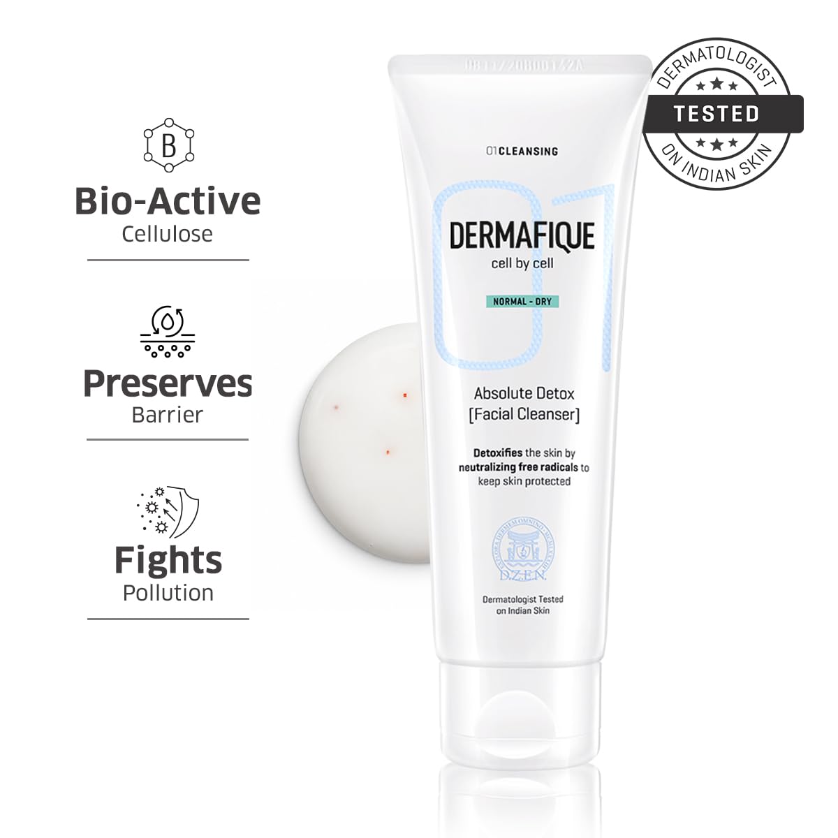 Dermafique Absolute Detox Facial Cleanser 100ml | Antioxidants fight Pollution, Preserve Barrier, Bio-Active Cellulose | Dry, Oily, Normal Skin Face Wash|Women