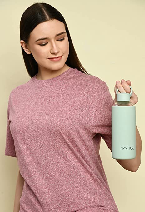 Rioware Aquashot Borosilicate Glass Water Bottle with Silicon Sleeve (750Ml) | Airtight Lid | Leak Proof | Silicon Cap | Fridge Water Bottles for Home, Office &