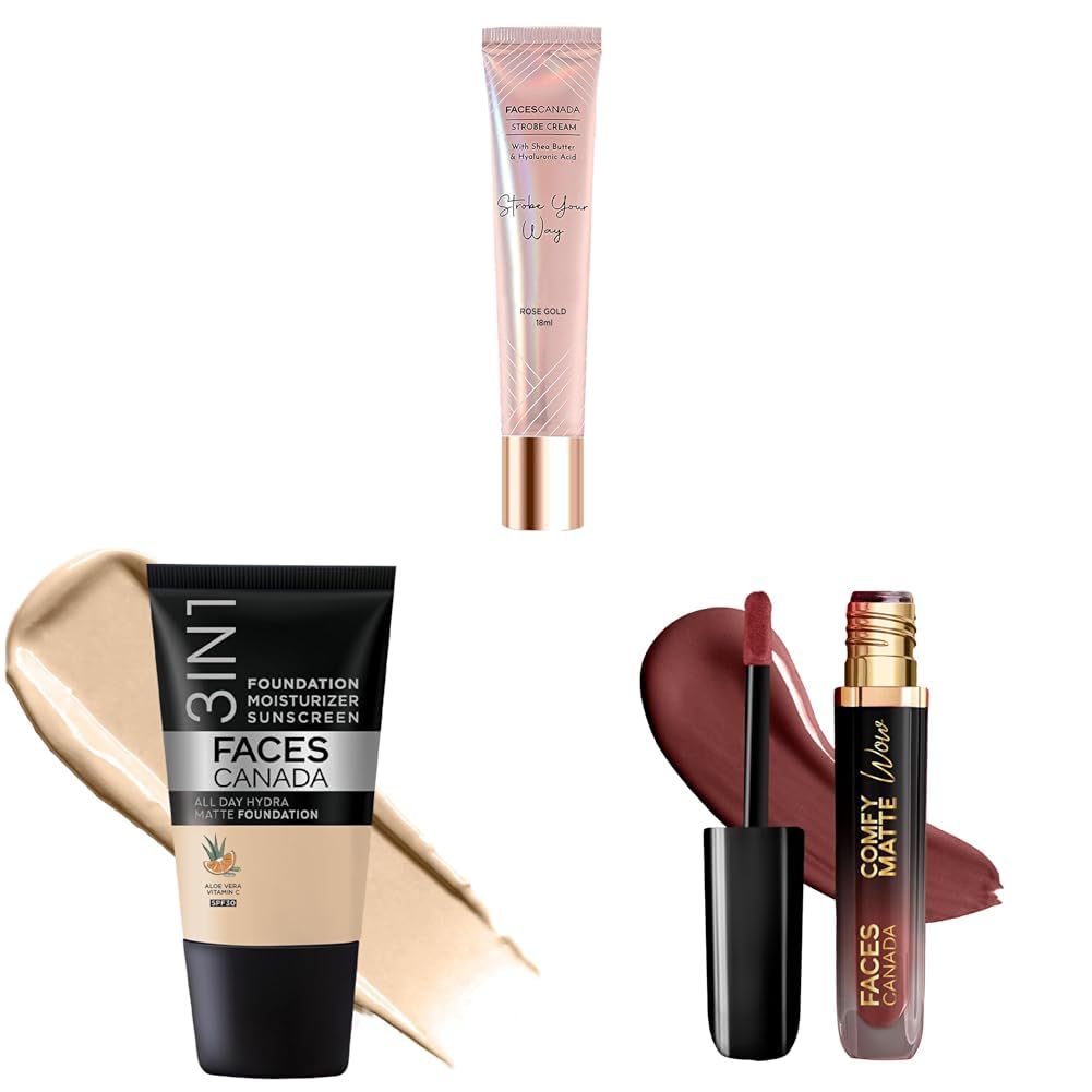 FACES CANADA Celeb Glow Combo | Strobe Cream - Rose Gold, 18ml + Hydra Matte Foundation - Absolute Ivory, 18ml + Comfy Matte Wow - Cocoa Crush, 3.8ml | Highligh