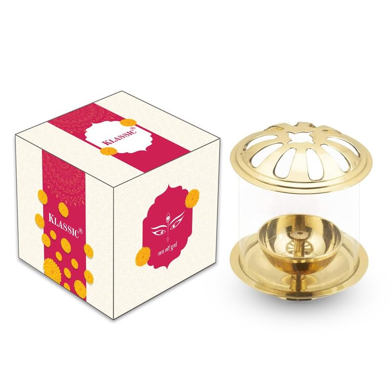 Klassic 4.5 Inch Swastik Akhand Diya with Borosilicate Glass Shade | Pure Brass Oil Lamp for Mandir, Daily Puja, Pooja Room, Diwali, Prayer, Wick Holder Festive