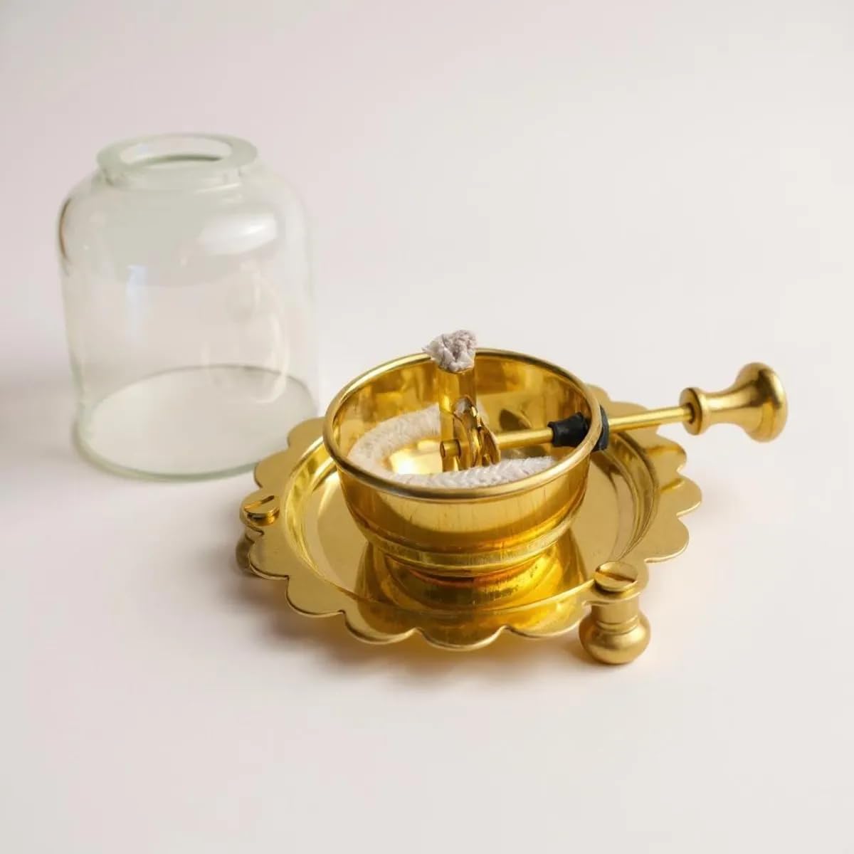 Brass Premium Akhand Diya for Home Temple, Traditional Oil Lamp with Glass Cover