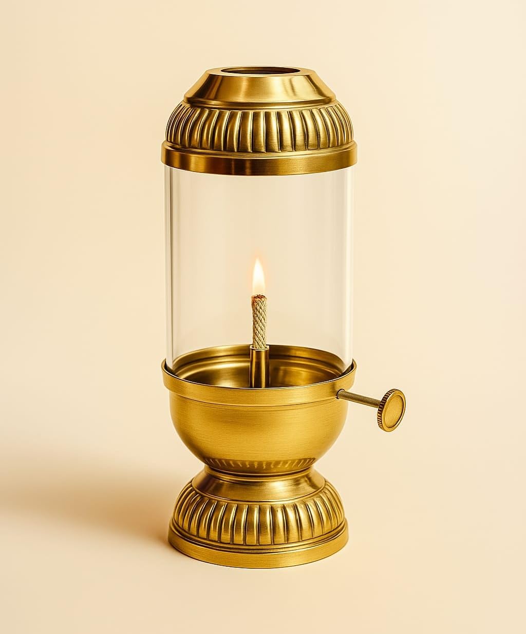 Pooja Brass Akhand Diya with Adjustable Bati, Wick Adjustment Screw, Borosilicate Glass Cover, 80ml Burns Up to 20 Hours for Long Lasting Pooja (15.5CM)