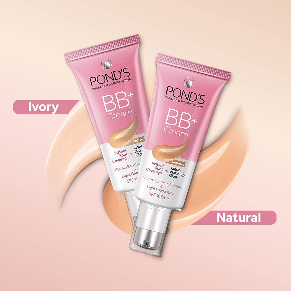POND'S BB+ Cream, Instant Spot Coverage + Light Make-up Glow, Natural 30g 30 g (Pack of 1)