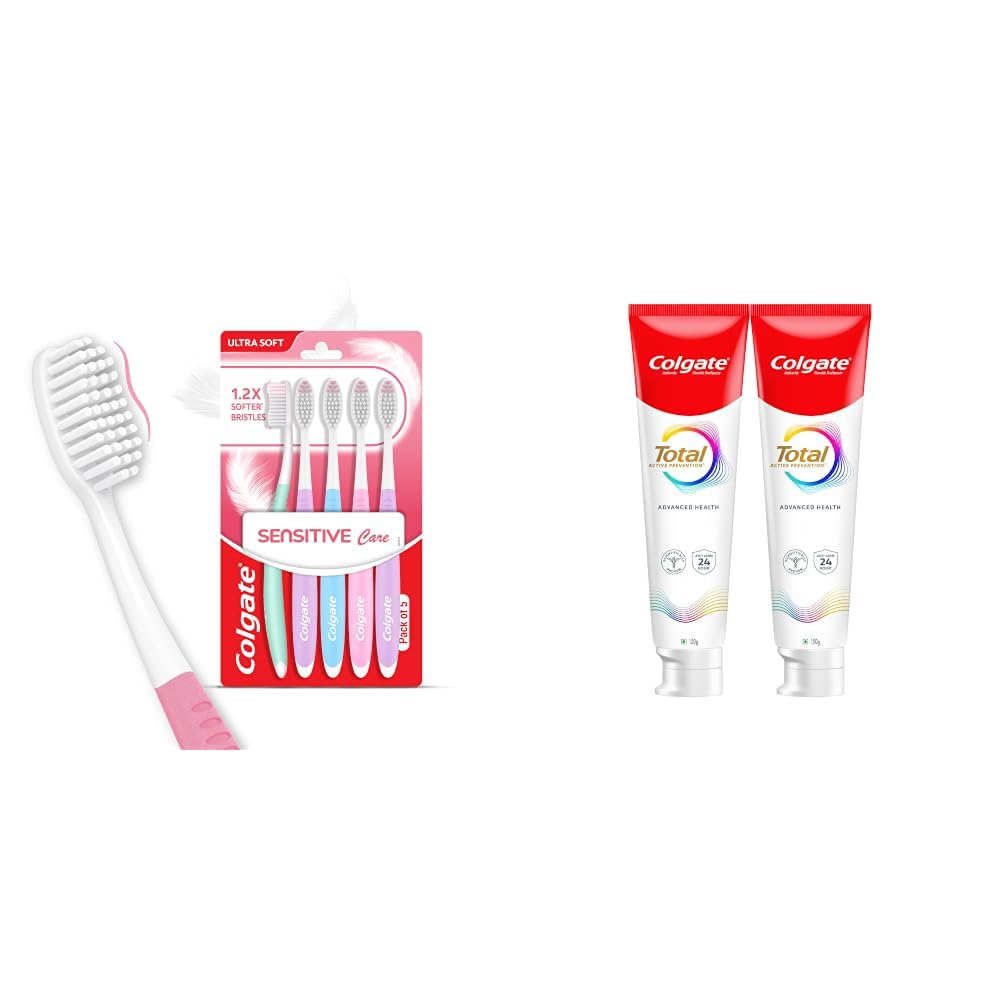 Colgate Sensitive Care Toothbrush Set of 5 | Ultra Soft for Sensitive Teeth & Total 300gm (2 x 150gm) Advanced Health Anti-Germ Toothpaste with Toothbrush, Toot