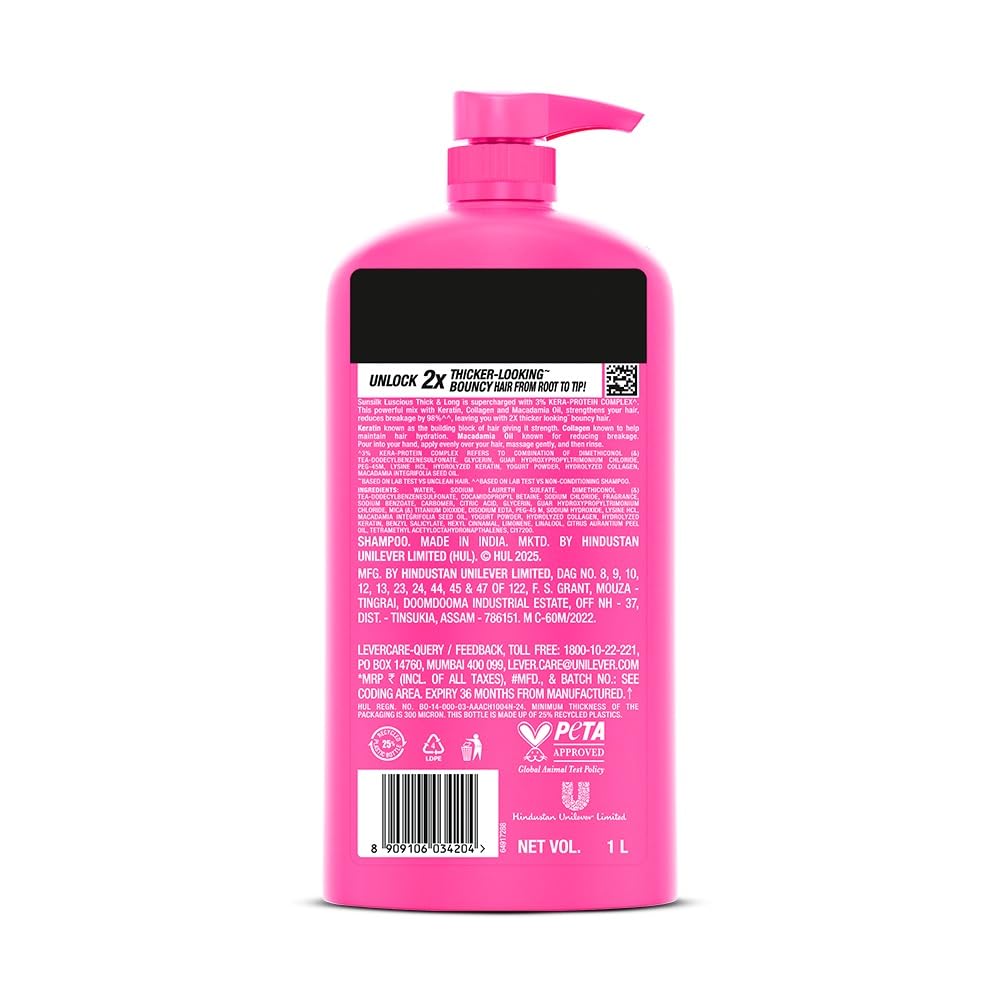 Sunsilk Luscious Thick & Long Shampoo 1L || with 3% KERA-PROTEIN COMPLEX for Thicker, Fuller & Bouncier Hair 1 l (Pack of 1)