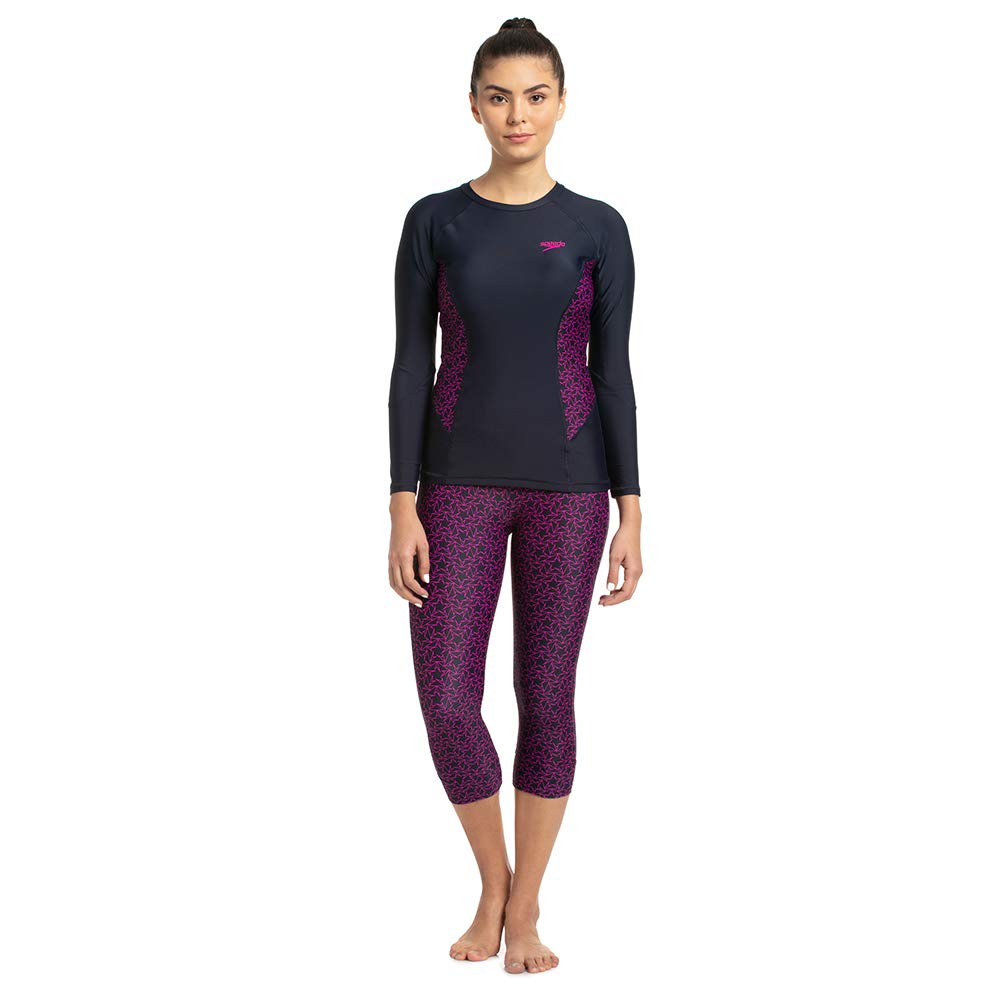 Speedo Women's Endurance Boomstar Printed Long Sleeve Suntop True Navy/Electric Pink M