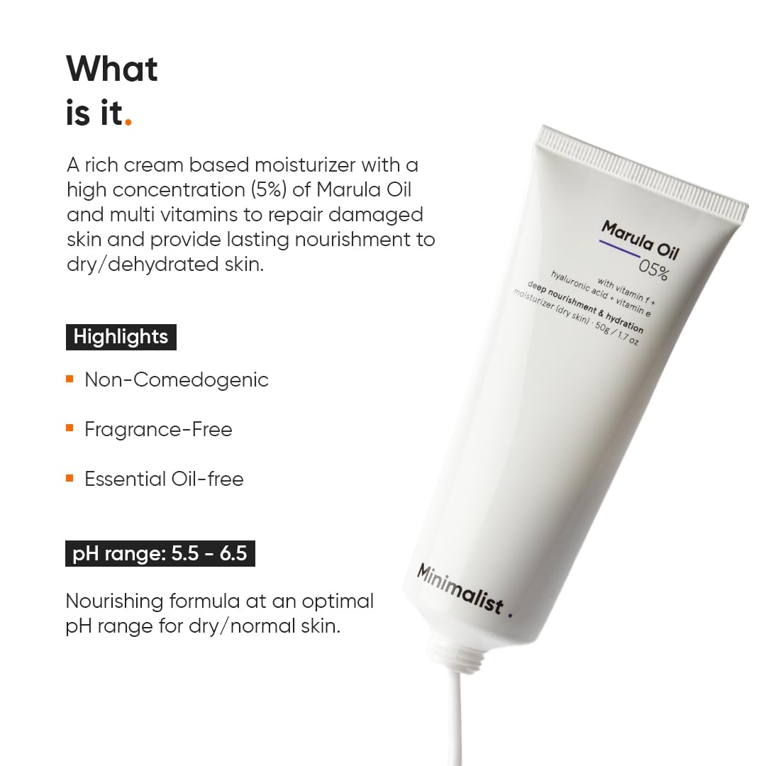 Minimalist Marula Oil 5% Face Moisturizer for Dry, Dehydrated, Flaky Skin | With Hyaluronic Acid, Vitamin E, Vitamin F for Barrier Repair & Hydration | For Wome
