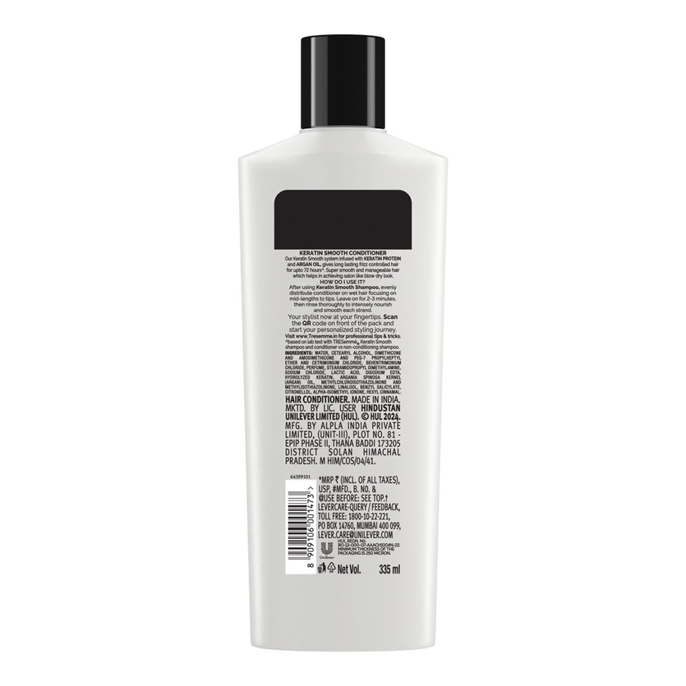TRESemmé Keratin Smooth Anti Frizz Conditioner 335ml | 72H Frizz Control with Keratin Protein & Argan Oil | Paraben Free Hair Conditioner for Dry Frizzy Hair
