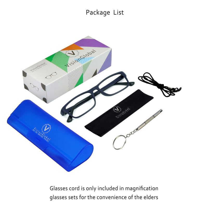 VisionGlobal Men's Blue Light Blocking Glasses, Anti Eyestrain, Computer Reading, TV Glasses, Stylish Square Frame, Anti Glare (Matter Navy, 3.25 Magnification)