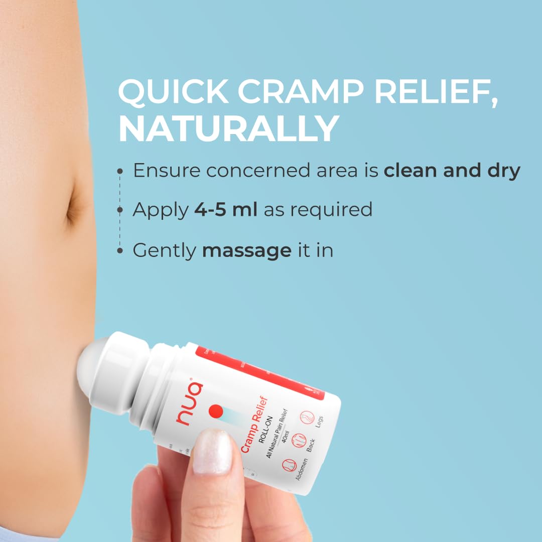 Cramp Relief Roll-On by Nua | Quick Relief | All Natural | For Abdomen, Back and Leg Pain | Absorbs Easily | Stain-free | Safe on Skin Pack of 1