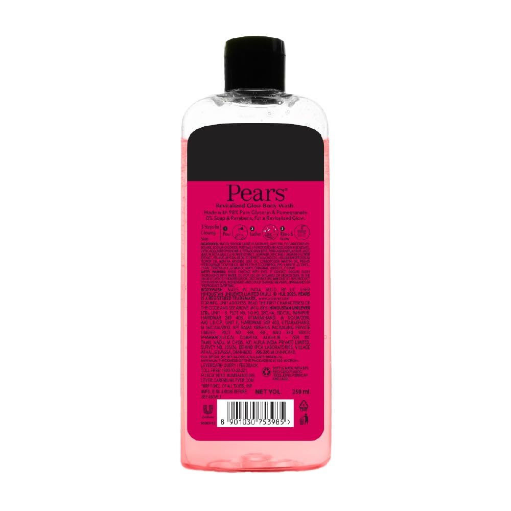 Pears 98% Pure Glycerin Revitalized Glow Body Wash with Pomegranate and 0% Parabens & Soap for a Revitalized Glow, 250ml