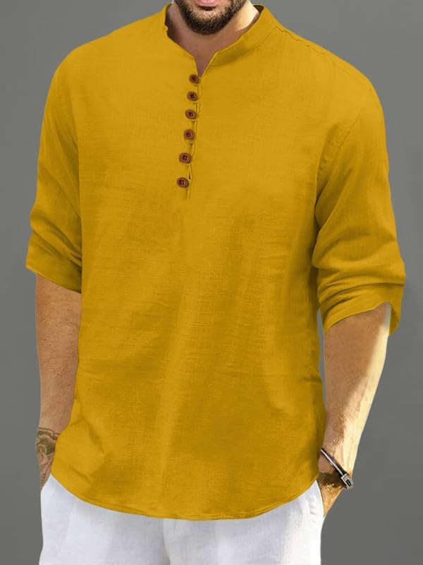 Men's Casual Cotton Blend Short Short Long Sleeve Mandarin Collar Kurta Shirt Elegant Kurta Shirt X-Large Gold