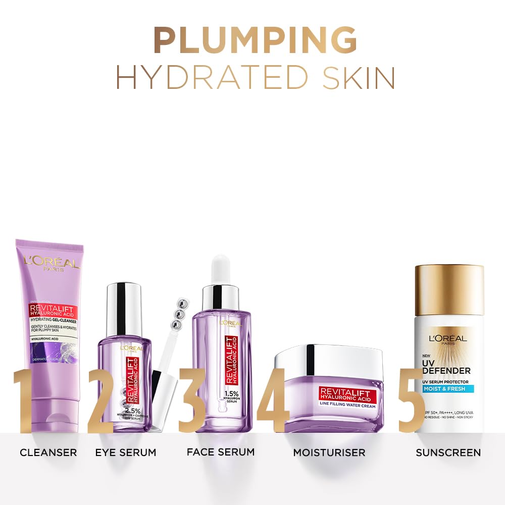 L'Oréal Paris Hyaluronic Acid Line Filling Water Cream, Moisturiser, Hyaluronic Acid for Hydration, Replumps Skin, Ceramides for Skin Barrier Repair, Reduces Fine Lines, 50ml