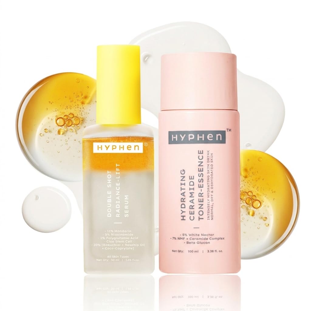 Hyphen Bright & Glass Skin Face Care Duo | 18% Brightening + 20% Collagen with 11% Mandarin 5% Niacinamide Serum 50ml & 7% Ceramides-NMF Milky Face Toner Essenc