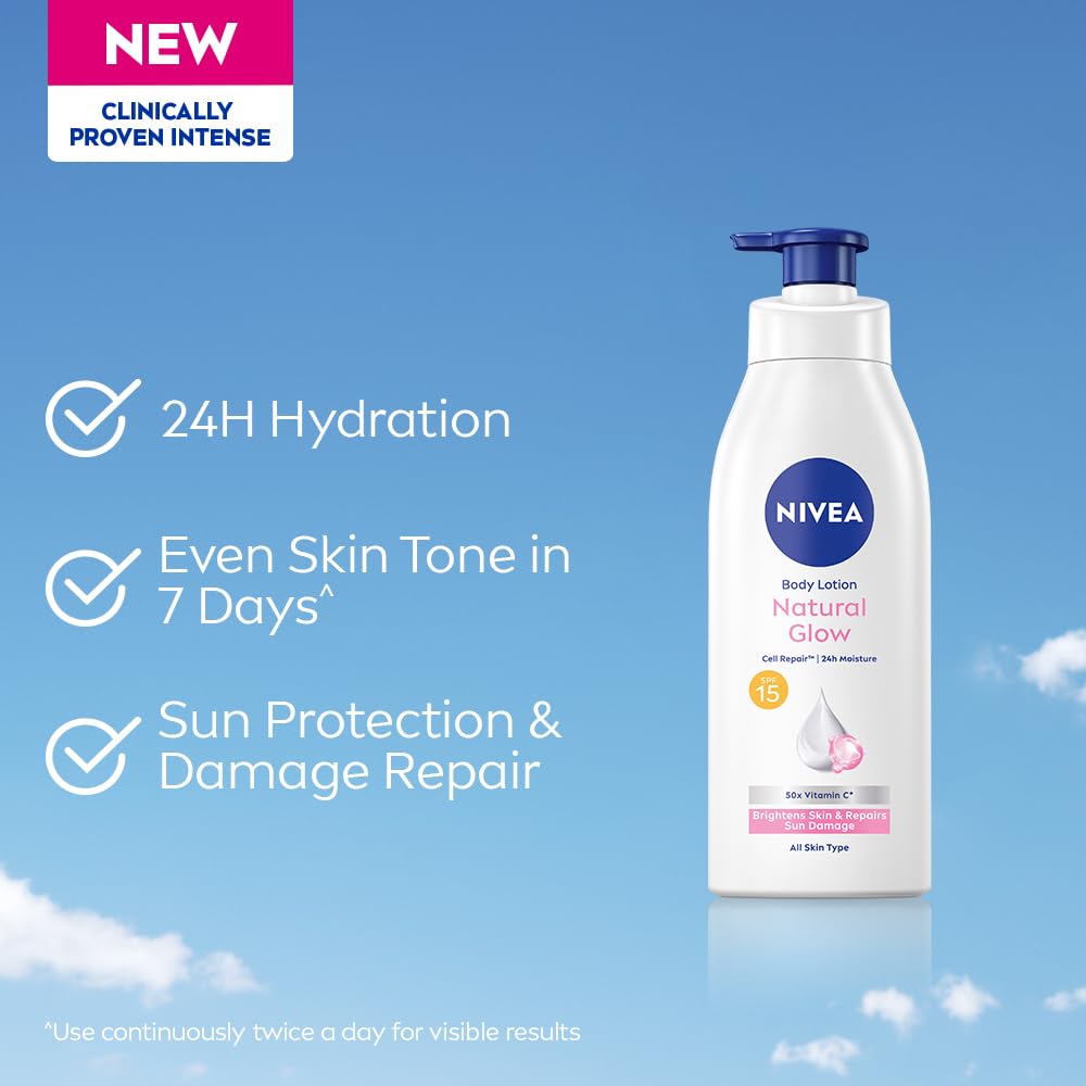 NIVEA Natural Glow Cell Repair Body Lotion with SPF 15 And UV A & B Filters | 50X Vitamin C | 24H Hydration | Even Skin Tone in 7 Days | Brightens Skin and Repa