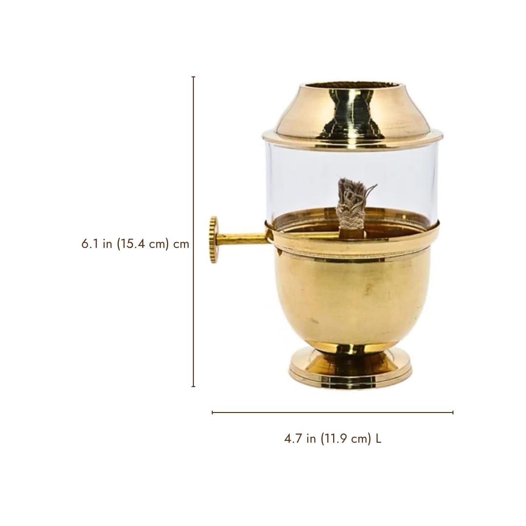 ServDharm Brass Akhand Diya with Adjustable Bati for Puja, Wick Adjustment Screw Knob and Borosilicate Glass Cover I Large, 250 ml Oil Capacity, Long Lasting 48