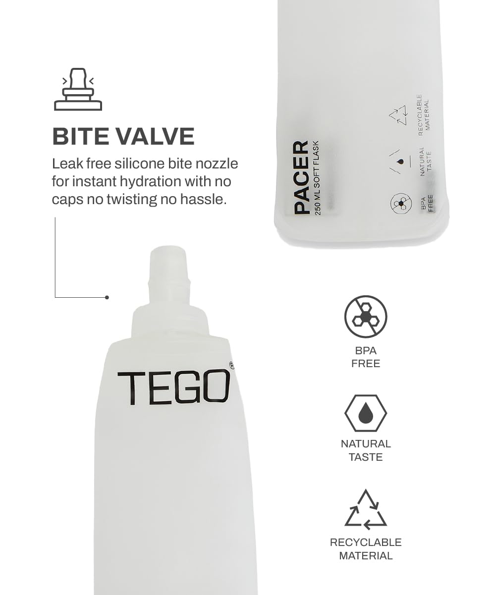 TEGO Pacer Soft Flask – Foldable 250mL/500mL TPU Bottle for Running, Camping, and Outdoor Sports Pack of 1-White 250 ml