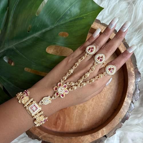 Gold Plated Traditional Brass Adjustable Triple Chain Haath Phool/Panja Bracelet with Kundan, Ruby & Pearl Detailing for Women