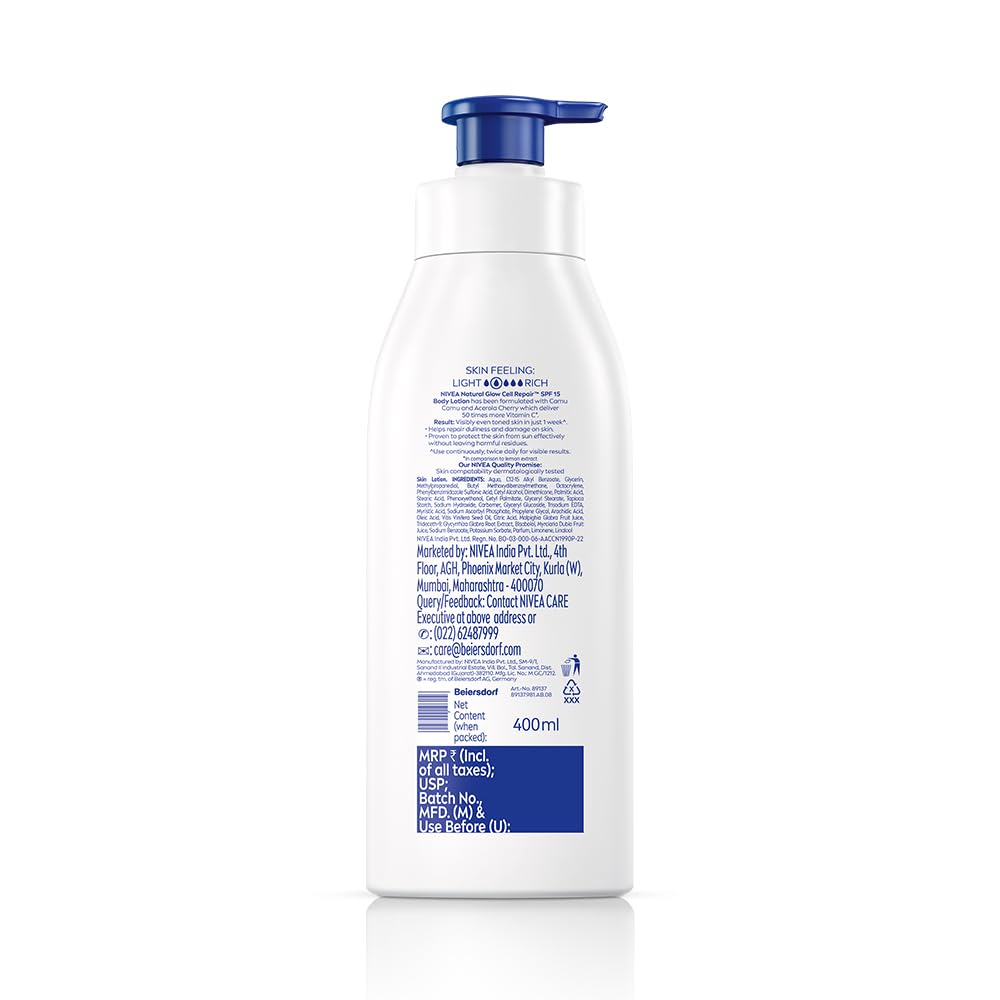 NIVEA Natural Glow Cell Repair Body Lotion with SPF 15 And UV A & B Filters | 50X Vitamin C | 24H Hydration | Even Skin Tone in 7 Days | Brightens Skin and Repa