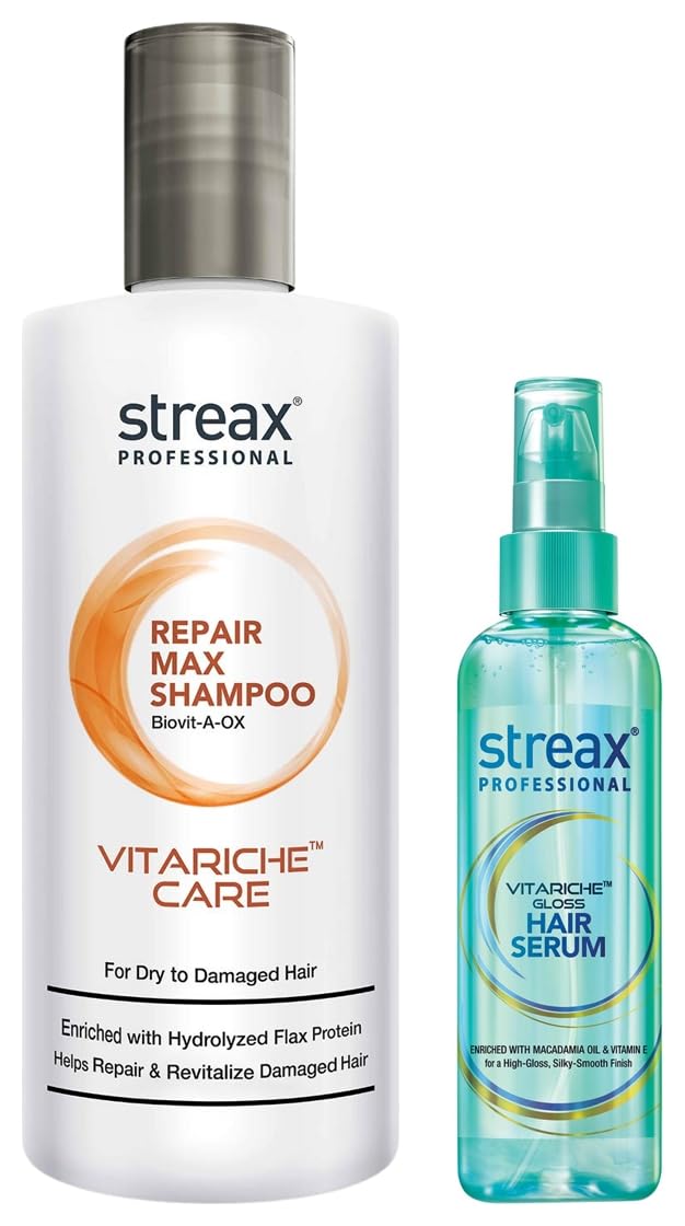 Streax Professional Vitariche Care Repair Max Shampoo For Women| Mild Shampoo For Dry, Damaged Hair, 300ml Vitariche Gloss Hair Serum (115 ml)