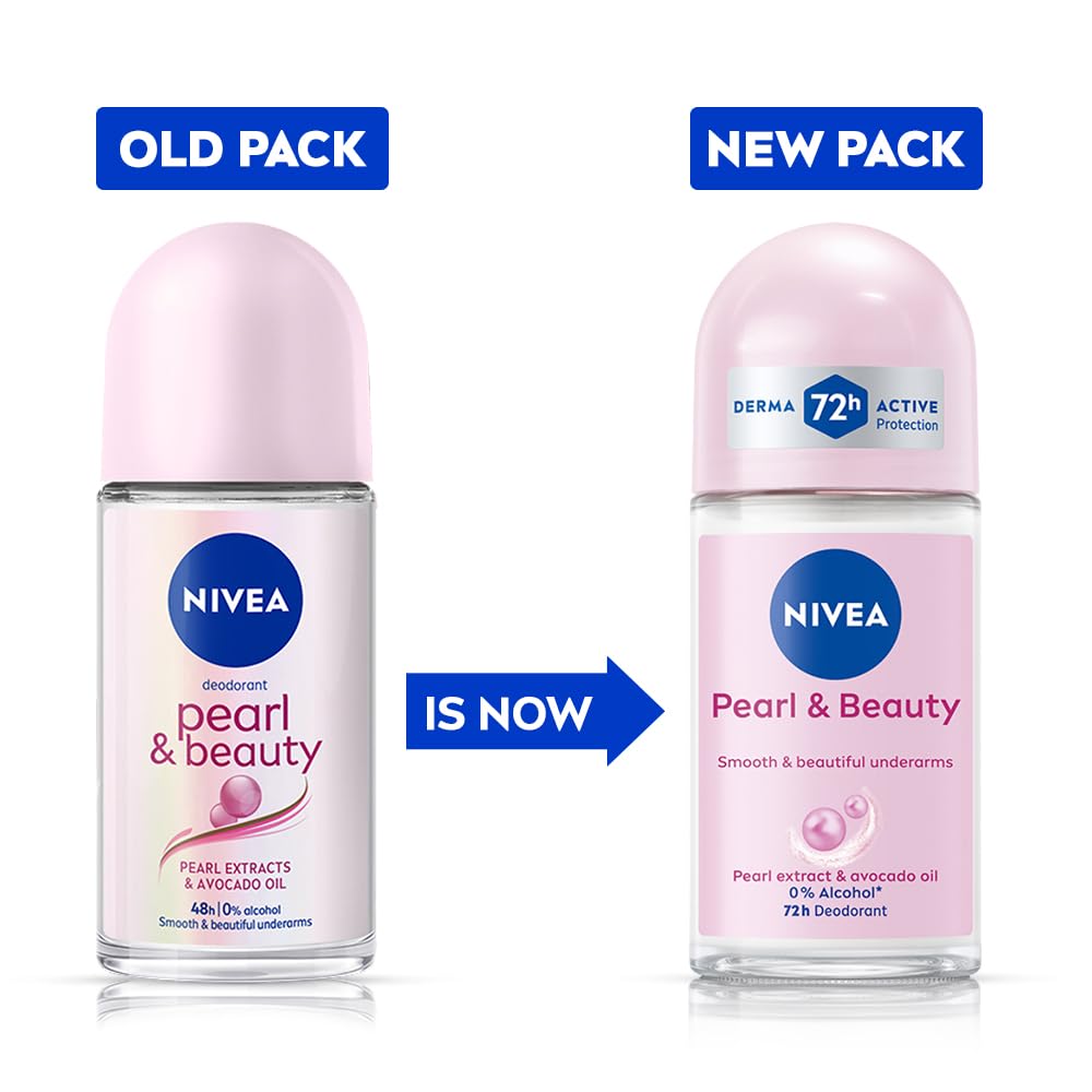 NIVEA Pearl and Beauty 50ml Deo Underarm Roll On | With Pearl Extracts & Avocado Oil | 72 H Long Lasting Floral Scent | 0% Alcohol and Dermat Approved | For Wom