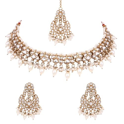 Gold Plated Traditional Kundan Pearl Choker Necklace Set with Earrings and Maang Tikka for Women
