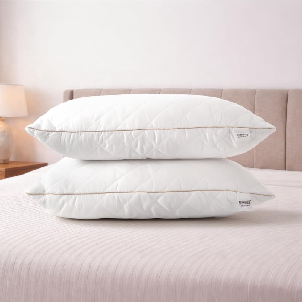 Spaces Quilted Pillows Set 2 | Soft and Adjustable Sleeping Pillow | Premium Microfiber Bed Pillows for Sleeping | Luxurious White Quilted (43 x 69 cm) | Fluffy