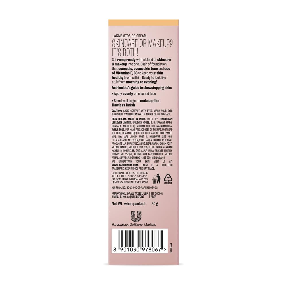 Lakme 9 to 5 CC Cream Frappe with 3% Niacinamide Complex SPF30 PA++ | 90% lightweight moisturizing cream for Care & 10% Foundation for Care |Conceals Dark Spots