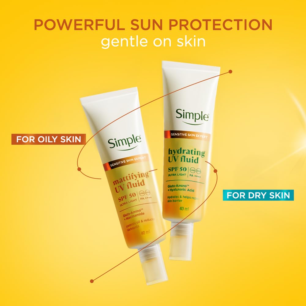 Simple Mattifying UV Fluid |SPF 50 PA++++ | With Niacinamide & GlutaAmino Technology| Sunscreen for Oily Skin & Dark Spots |Ultra Lightweight & Non-Sticky | UVA
