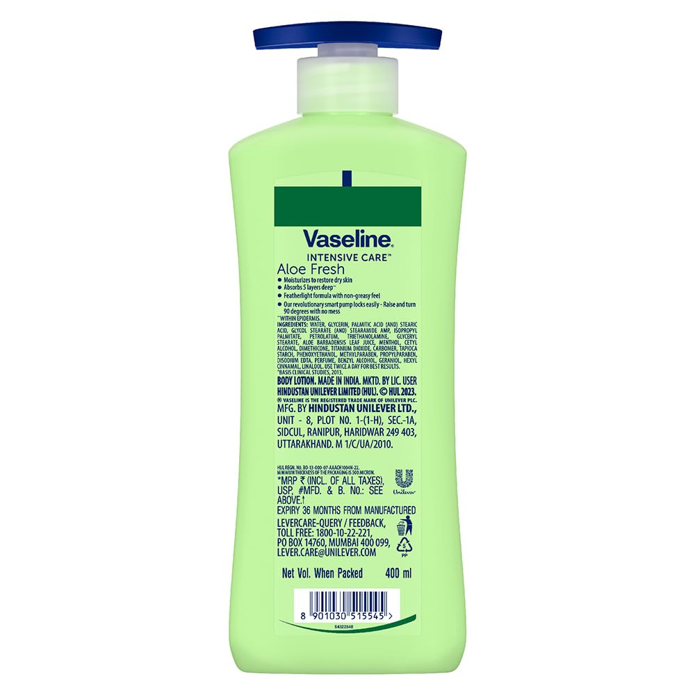 Vaseline Aloe Fresh Body Lotion,24 HR Long Lasting Moisturisation with Aloe Vera extract and Menthol 400ml 400 ml (Pack of 1)