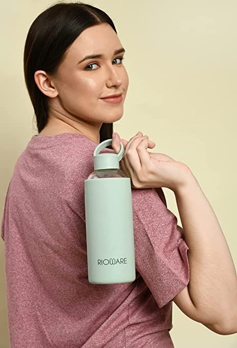 Rioware Aquashot Borosilicate Glass Water Bottle with Silicon Sleeve (750Ml) | Airtight Lid | Leak Proof | Silicon Cap | Fridge Water Bottles for Home, Office &