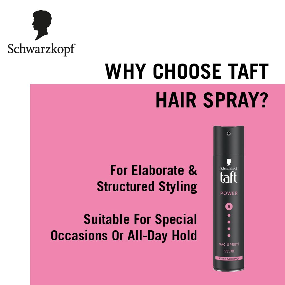 Schwarzkopf TAFT Power Hold 5 Hair Spray for Heat Protection, Cashmere like Softness for Dry, Damaged Hair | No Stickiness | Easy To Brush Out | For Salon Like