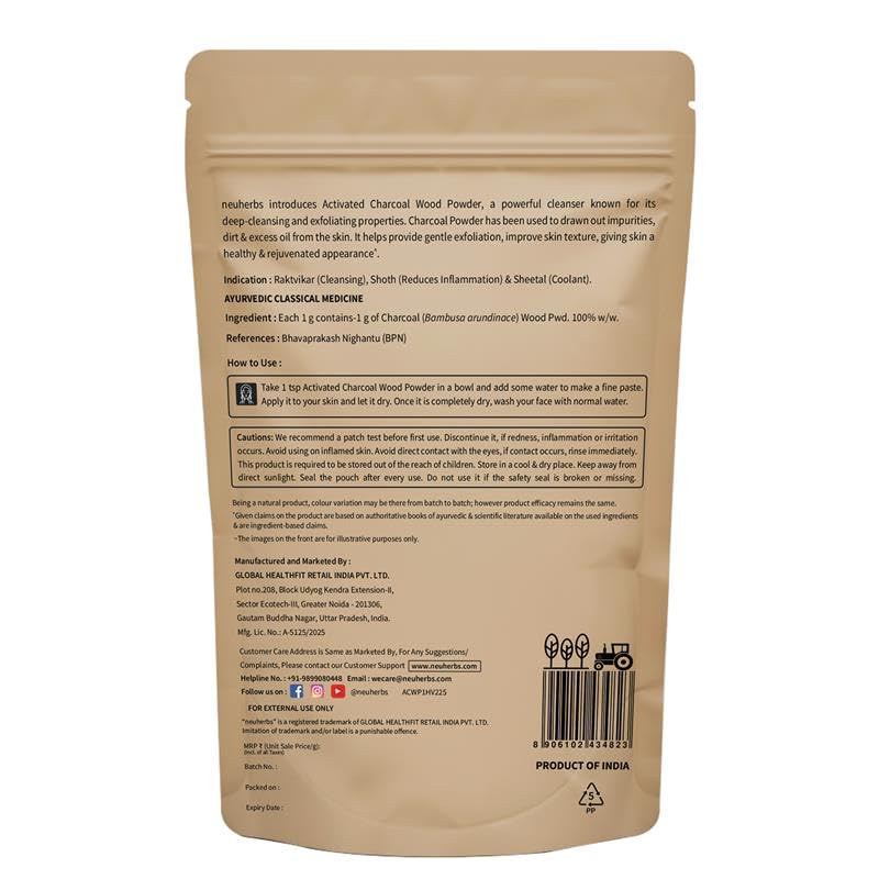 Neuherbs Activated Charcoal Powder 100g | Natural Face Pack for Deep Cleansing, Oil Control & Skin Purification | Removes Dead Skin Cells | 100% Pure & Natural