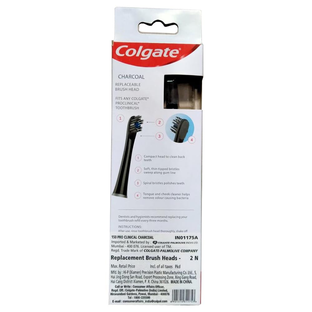 Colgate Proclinical 150 Charcoal Battery Powered Toothbrush Refill Heads, Pack of 2, Electric Brush Heads with Soft Bristles and Strong Strokes, Fits any Colgat