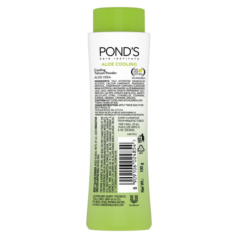 POND'S Aloe Cooling Powder, 100g, for Instant Cooling and Refreshing Relief in Summer, with 100% Aloe Extract, 3X Cooling Effect, Long-Lasting Fragrance