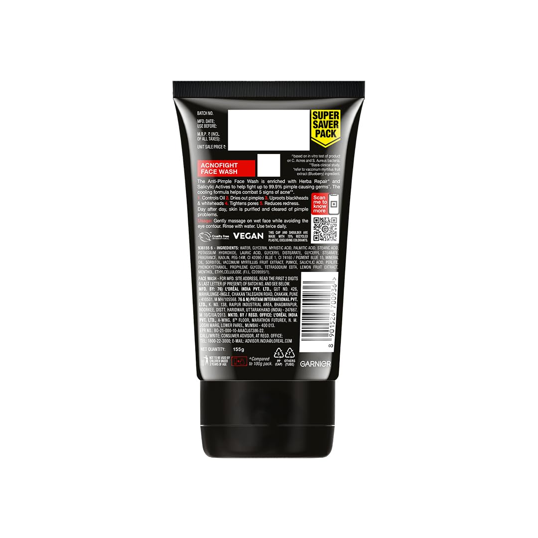 Garnier Men Acno Fight Anti Pimple Face Wash, Anti Pimple Face Wash with Salicylic Acid and Herba Repair, Suitable for all Skin Types, 150g 150 g (Pack of 1)