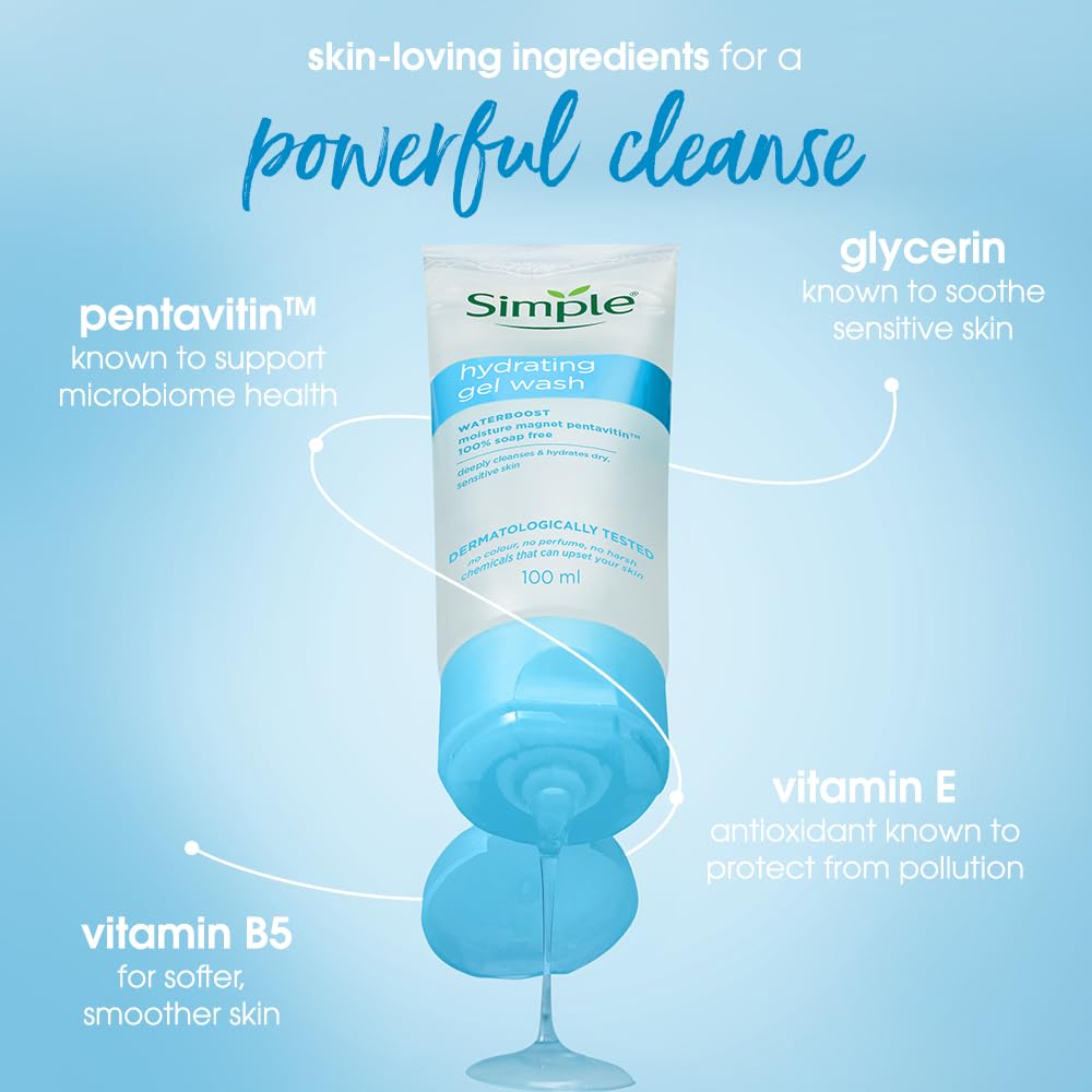 Simple Hydrating Gel Wash| 100% Soap Free | Gentle Hydrating Facewash with Pentavitin & Panthenol | Cleanser for Dry Sensitive Skin, 100 ml