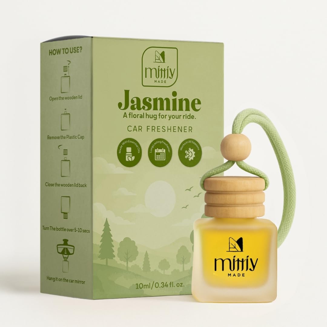 Jasmine Car Perfume Hanging | Wooden Lid Car Diffuser | Essential Oil Car Freshener | Car Accessories Interior | Long-Lasting Car Fragrance | Leak-Proof Glass |
