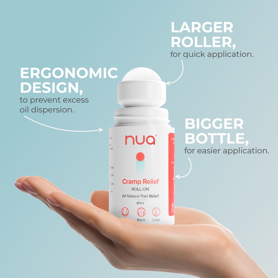 Cramp Relief Roll-On by Nua | Quick Relief | All Natural | For Abdomen, Back and Leg Pain | Absorbs Easily | Stain-free | Safe on Skin Pack of 1